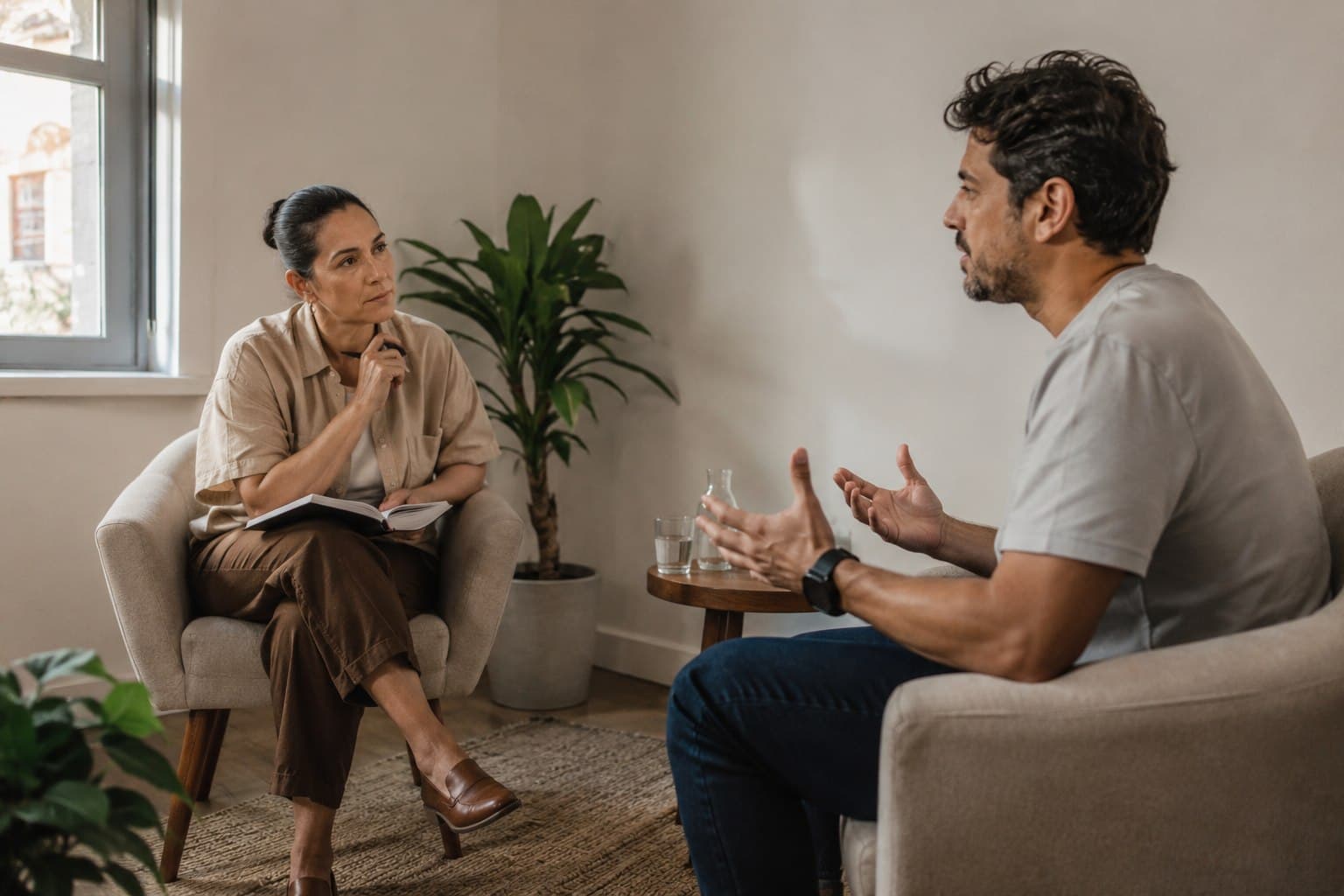 Especialista e paciente sentados de frente um para o outro, conversando em um consultório claro.